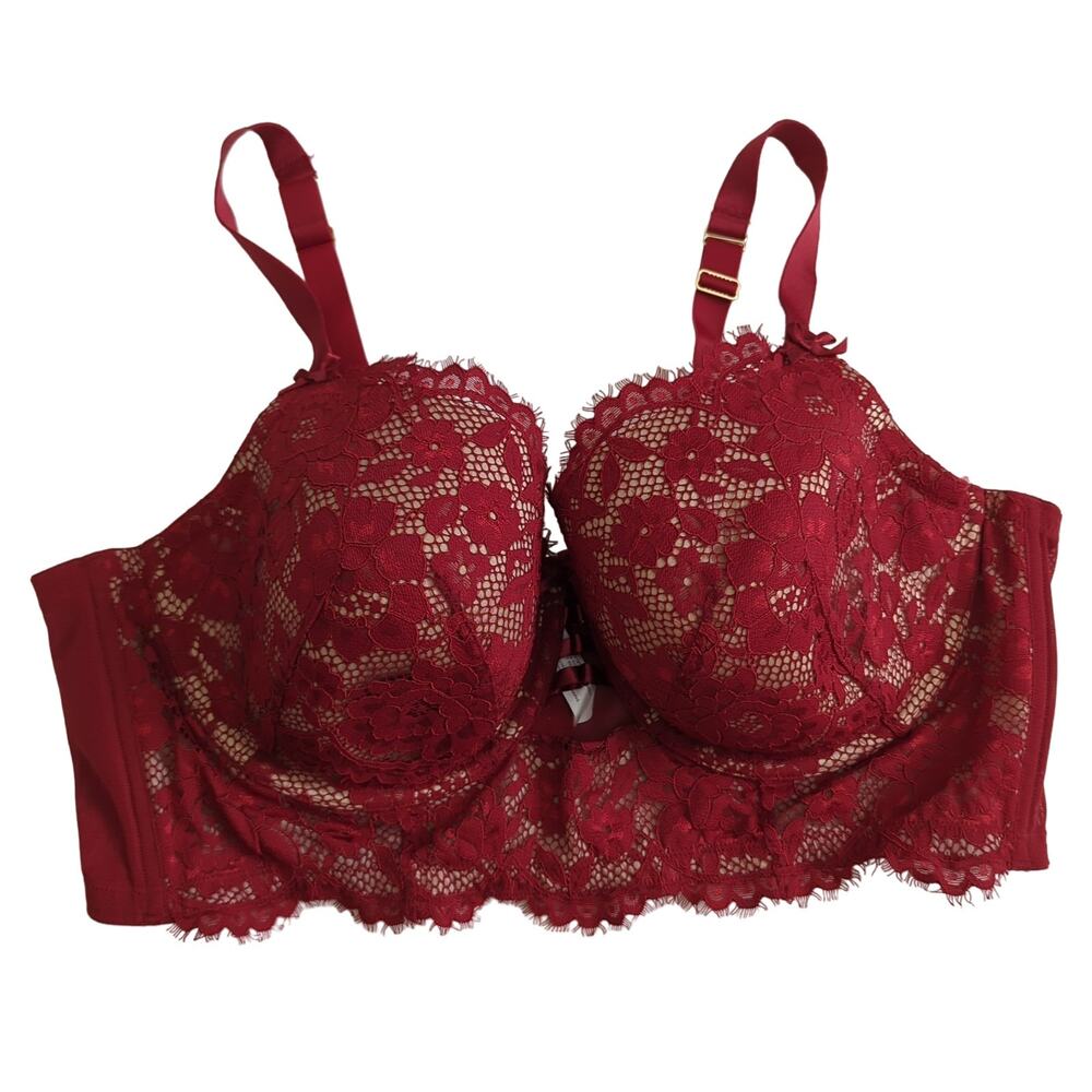 Lane Bryant Cacique‎ size 46C Lace Longline Bra Balconette Red Sexy Valentine